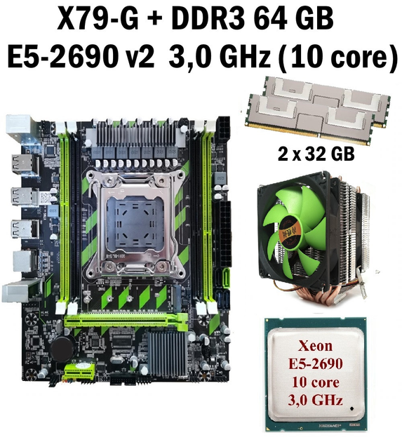 Материнская плата Taishuo X79-G LGA 2011 + процессор (б/у) Xeon E5-2690 V2 10 ядер 3,0G + RAM DDR3 64 GB + кулер (22269025) - изображение 1