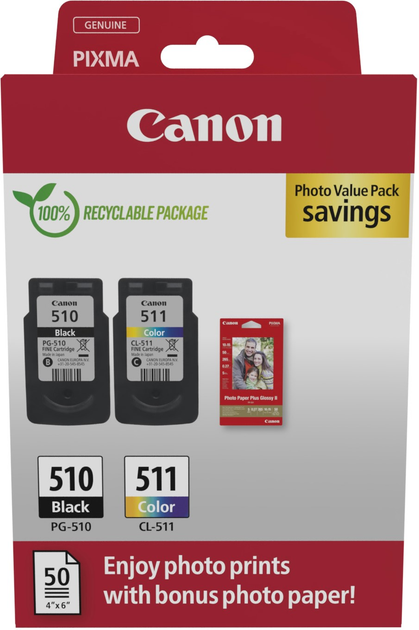 Zestaw wkładów atramentowych Canon PG-510/CL-511 Ink Cartridge + Photo Paper Value Pack Black/Color (2970B017) - obraz 1