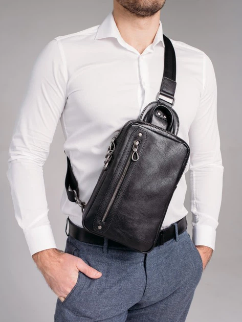 Сумка слинг через плечо мужская кожаная Tiding Bag 9801A Черная - Фото 2 Сумка слинг через плечо мужская кожаная Tiding Bag 9801A Черная - изображение 2