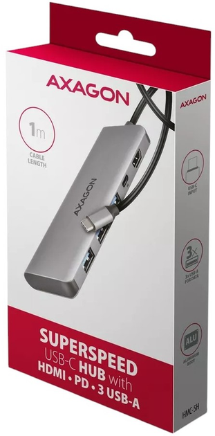 USB-hub Axagon HMC-5H 5w1 3 x USB-Type-A + HDMI + USB-Type-C Grey (8595247907509) - obraz 2