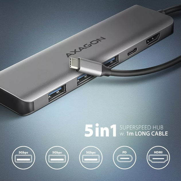 USB-hub Axagon HMC-5H 5w1 3 x USB-Type-A + HDMI + USB-Type-C Grey (8595247907509) - obraz 3