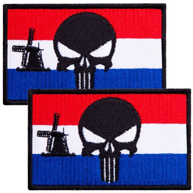 Набір шевронів 2 шт з липучкою Череп Карателя на Прапорі Нідерландів, Прапор Нідерландів, нашивка патч 5х8 см - зображення 1