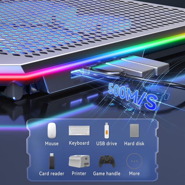 Підставка для ноутбука з охолодженням VHG K15 з USB хабом, RGB-підсвічуванням та підставкою для телефона, Laptop Cooling Pad, Silver - изображение 3
