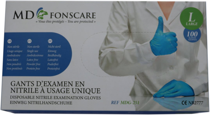 Перчатки смотровые медицинские MD Fonscare нитриловые неприпудренные Размер L 100 шт Синие (6905642864345) - изображение 1