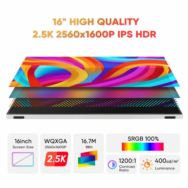 Портативний ультратонкий 2,5K монітор Sibolan 16" 2560*1600 IPS QHD - изображение 2