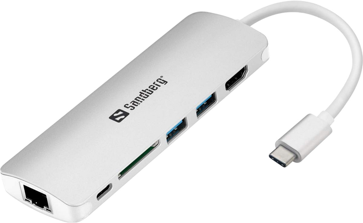 USB hub Sandberg USB Type-C do HDMI/LAN/SD/USB Type-A 5-portowy Srebrny (57057301361840 - obraz 1