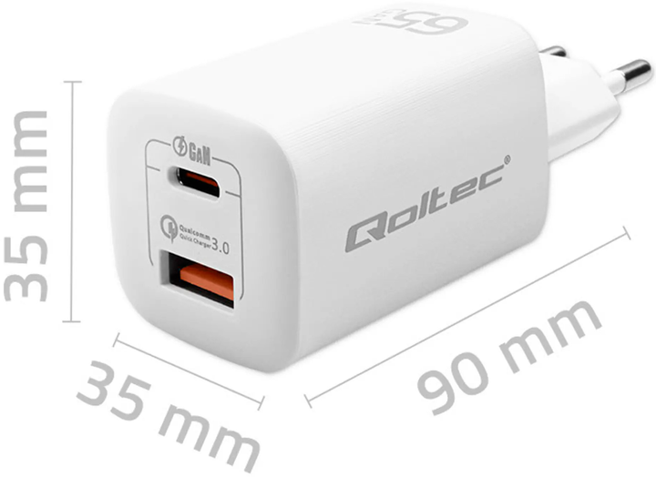 Зарядний пристрій Qoltec GaN Ultra 65W 5-20V USB type C PD QC 3.0 White - зображення 2