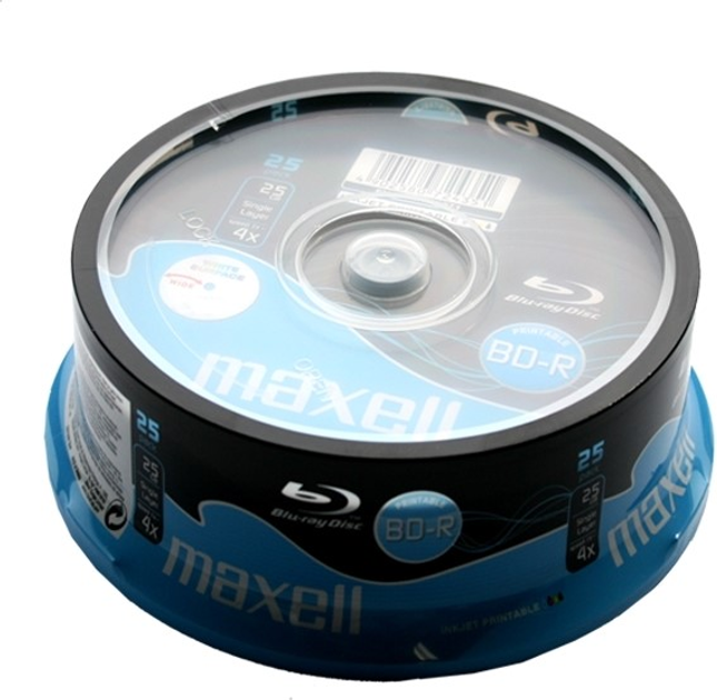 Диски Maxell BD-R BLU-RAY 25GB 4X Full Inkjet Peint Cake 25 шт (MXDBDRP25) - зображення 1