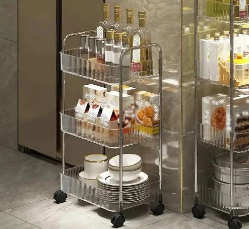 Этажерка на колесиках тележка органайзер для ванной или кухни на 3 полки Прозрачная с серебром (980999) - изображение 1