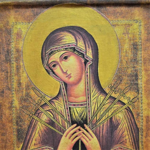 Ікона "Пресвята Богородиця Пом'якшення злих сердець (Симеоново проречена)" на дереві 11х9 см - Фото 4 Ікона "Пресвята Богородиця Пом'якшення злих сердець (Симеоново проречена)" на дереві 11х9 см - зображення 4