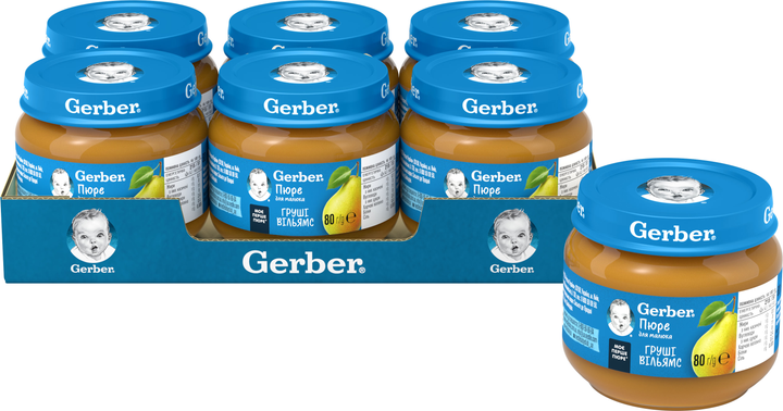 Упаковка фруктового пюре Gerber Груши Вильямс с 6 месяцев 80 г х 6 шт (8445291084674) 