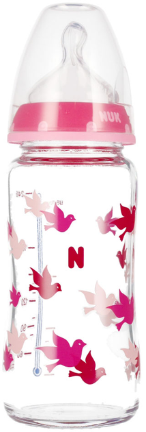 Скляна пляшечка для годування Nuk First Choice з індикатором температури 0-6 місяців Рожева 240 мл (4008600441397) - зображення 1