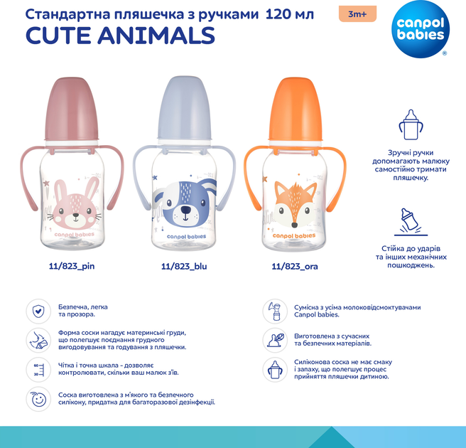 Стандартна пляшечка Canpol Babies Cute Animals Зайчик з ручками 120 мл (11/823_pin) - зображення 4