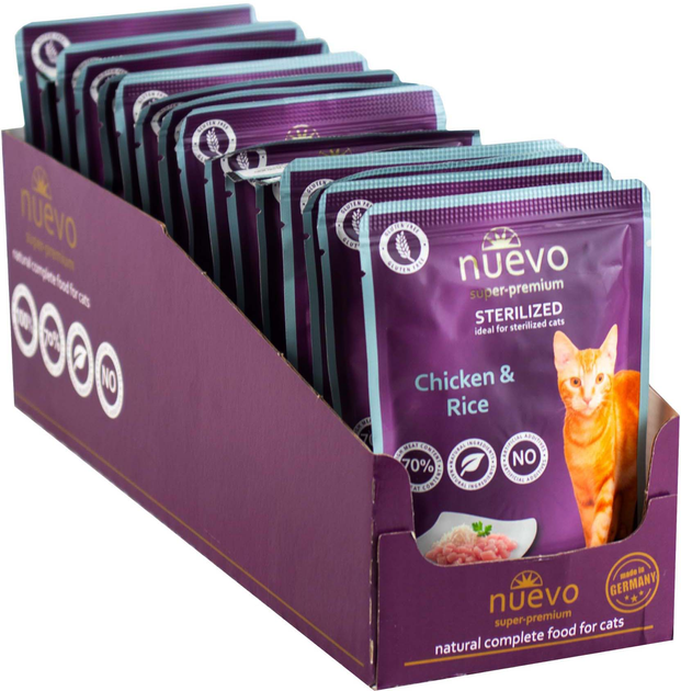 Упаковка вологого корму для кішок Nuevo Sterilised з куркою та рисом 85 г х 16 шт (4250231598975) - зображення 1