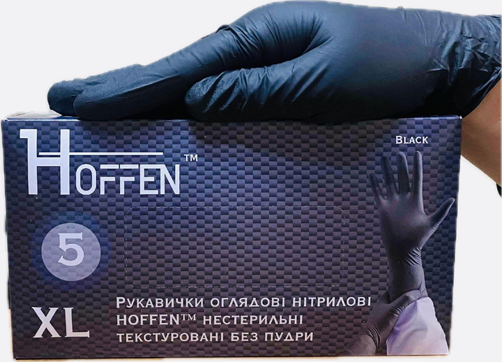 Рукавички нітрилові текстуровані, неопудрені, Чорні (5 г) міцні (100 шт/уп) HOFFEN XL - изображение 2
