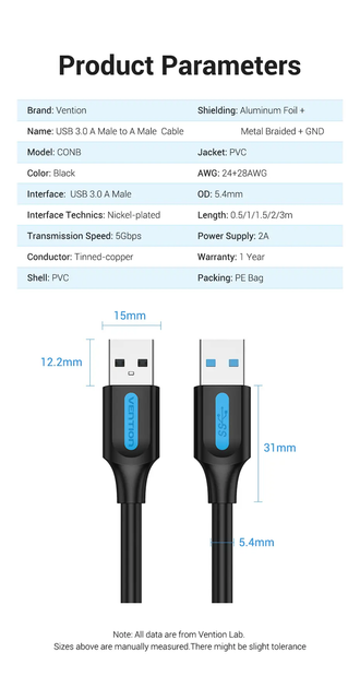 Кабель Vention USB Type A 3.0 to USB Type A 3.0 5 Гбіт/с 2A/5V 1.5 м Black (CONBG) - Фото 9 Кабель Vention USB Type A 3.0 to USB Type A 3.0 5 Гбіт/с 2A/5V 1.5 м Black (CONBG) - зображення 9