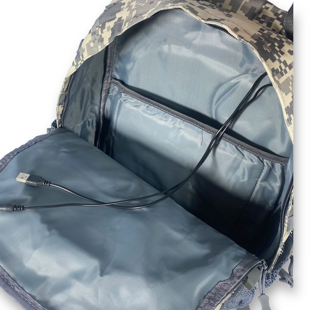 Тактичний рюкзак, 35 л, 2 відділи, USB+кабель, розʼєм для навушників, розмір: 48*35*20 см, сірий піксель - изображение 2