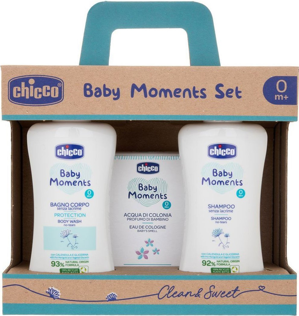 Набір Chicco Baby Moments Шампунь 200 мл + Гель для купання 200 мл  + Одеколон дитячий 100 мл (8058664138845) - зображення 1