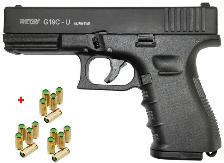 Пистолет стартовый Retay G 19C 14-зарядный кал. 9 мм. Цвет - black.+15 патронов STS - изображение 1