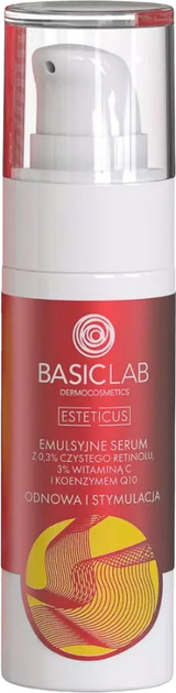 Emulsyjne serum do twarzy BasicLab Esteticus Odnowa i stymulacja z 0.3% czystego retinolu, 3% witaminą C i koenzymem Q10 30 ml (5907637951819) - obraz 1