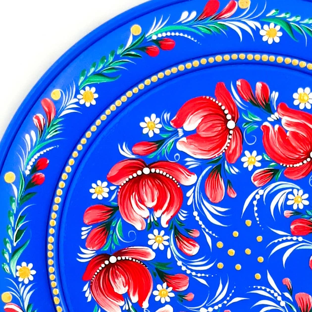 Тарілка декоративна Петриківський розпис 30 см з дерева РОЖЕВИЙ ВІНОЧОК на блакитному Український сувенір - зображення 4