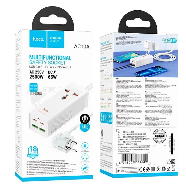 Сетевой удлинитель фильтр Блок питания HOCO AC10A Talent |1.5 м 2USB/2Type-C/1xSocket PD/QC PD65W| Белый - изображение 5