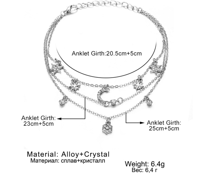 Многослойный браслет на ногу серебристый анклет тройной Fashion Jewerly (MM) 32299 - изображение 2