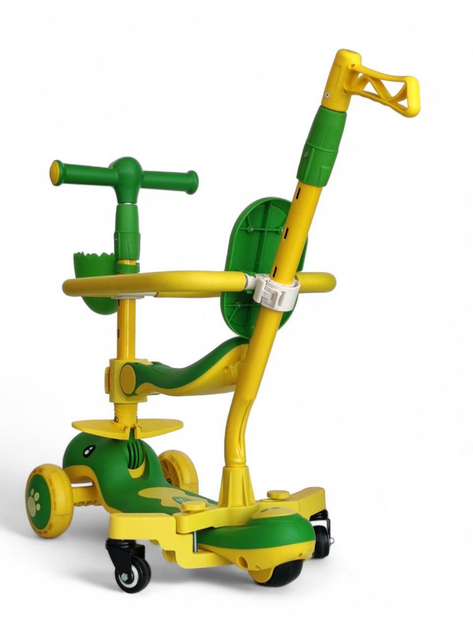 Самокат беговел детский трехколесный Cuest Dino 8103 с бортиком и родительской ручкой Green-Yellow 