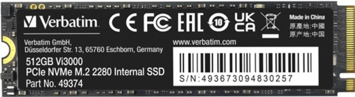 Dysk SSD Verbatim Vi3000 512GB M.2 2280 NVMe PCIe 3.0 x4 3D NAND TLC (0023942493747) - obraz 1