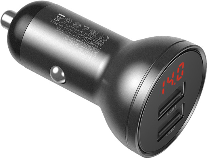 Автомобільний зарядний пристрій Baseus Digital Display Dual Car Charger 24W Black (CCBX-0S) - зображення 1