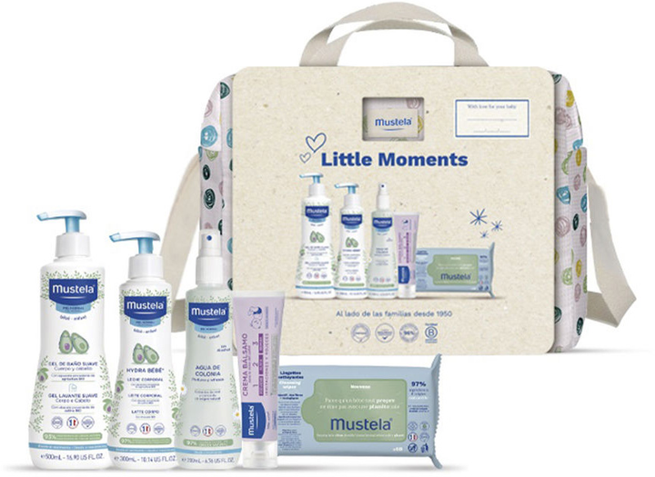 Zestaw kosmetyków dla dzieci Mustela Bebe Little Moments Lunares Żel do ciała 500 ml + Krem do ciała 50 ml + Lotion do ciała 300 ml + Chusteczki 60 szt + Spray do ciała 200 ml (8436034153931) - obraz 1