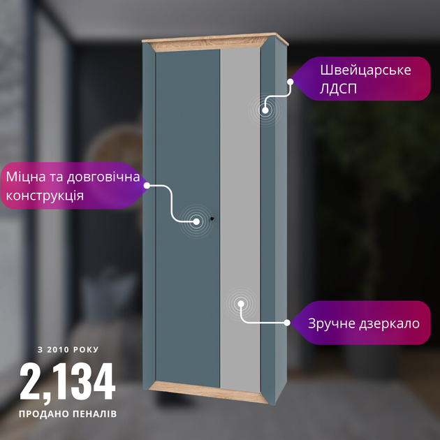 Шкаф-пенал с зеркалом Эверест Нордик-800 Графит + Дуб крафт золотой (EVR-5540) - изображение 2