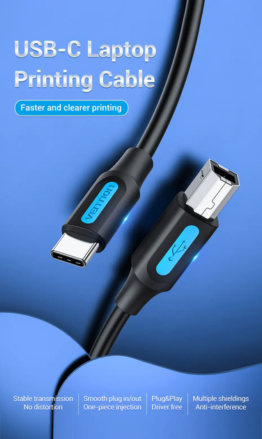 Кабель Vention USB Type C to USB type B USB Printer Cable для принтерів, сканерів, БФП 1.5 м Black (CQUBG) - Фото 5 Кабель Vention USB Type C to USB type B USB Printer Cable для принтерів, сканерів, БФП 1.5 м Black (CQUBG) - зображення 5