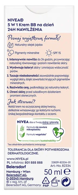 BB Krem na dzień NIVEA 5 w 1 24 H intensywne nawilżenie SPF 15 ciemny 50 ml (4005900935427) - obraz 3