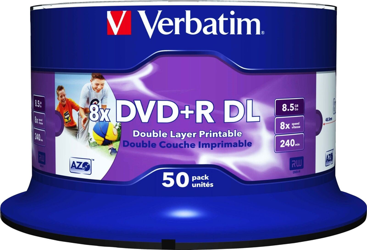 Dyski Verbatim DVD+R DL 8.5GB 8x Wide Inkjet Printable Spindle 50 szt (0023942437031) - obraz 1