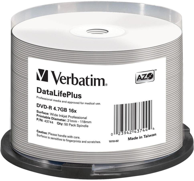 Диски Verbatim DVD-R 4.7GB 16x AZO DL+ printable Cake 50 шт (0023942437444) - зображення 1