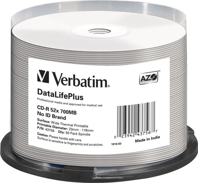 Dyski Verbatim CD-R 700MB 52x DL+ AZO Thermal Printable Medi Disc Cake 50 szt (0023942437567) - obraz 1