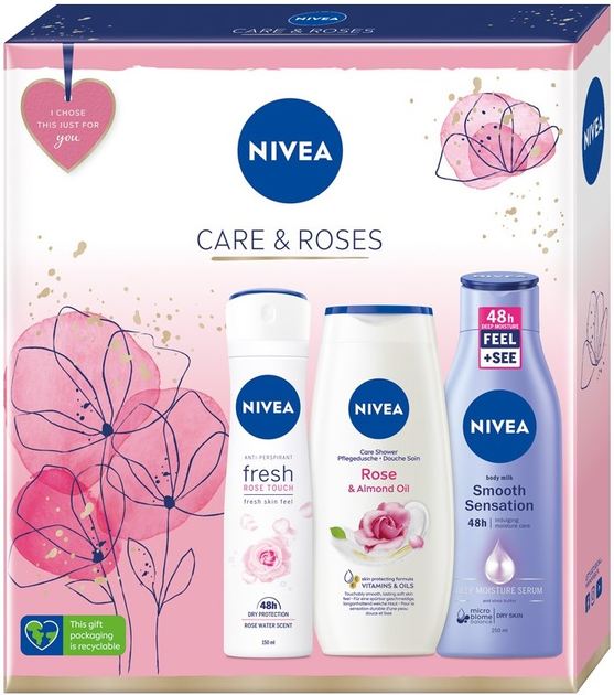 Набір косметики для догляду Nivea Care & Roses Антиперспірант-спрей 150 мл + Гель для душу 250 мл + Молочко для тіла 250 мл (9005800363608) - зображення 1
