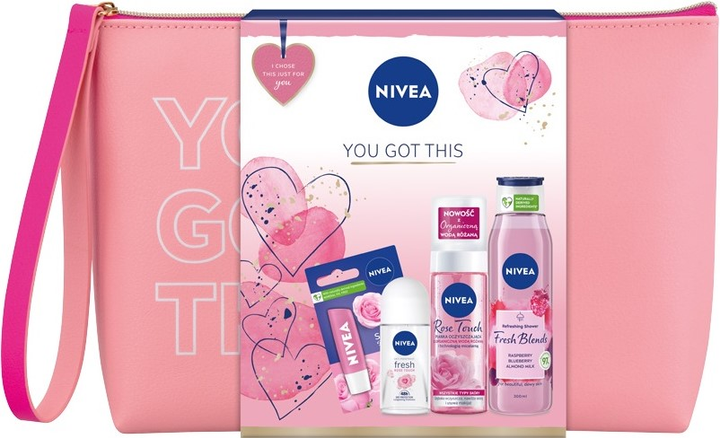 Набір Nivea You Got This Кульковий антиперспірант 50 мл + Гель для душу 300 мл + Помада для губ 4.8 г + Пінка для обличчя 150 мл + Косметичка (9005800363554) - зображення 1