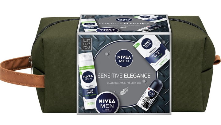 Zestaw NIVEA Men Sensitive Elegance Łagodząca pianka do golenia 200 ml + Łagodzący balsam po goleniu 100 ml + Krem uniwersalny 75 ml + Antyperspirant roll-on 50 ml + Kosmetyczka (9005800363585) - obraz 1