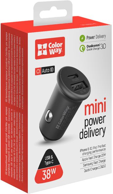Ładowarka samochodowa ColorWay Car Charger 38W Type-C PD20W + USB QC3.0 Grey (CW-CHA029PD-GR) - obraz 3
