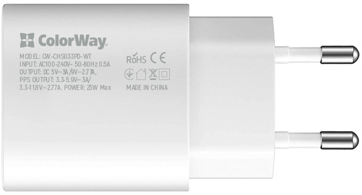 Мережевий зарядний пристрій ColorWay Power Delivery Port PPS USB Type-C 25W White (CW-CHS033PD-WT) - зображення 3