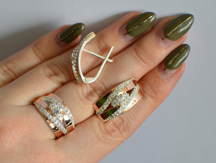 Серебряный набор Silverstyle серьги + кольцо с золотыми пластинами 161 ...