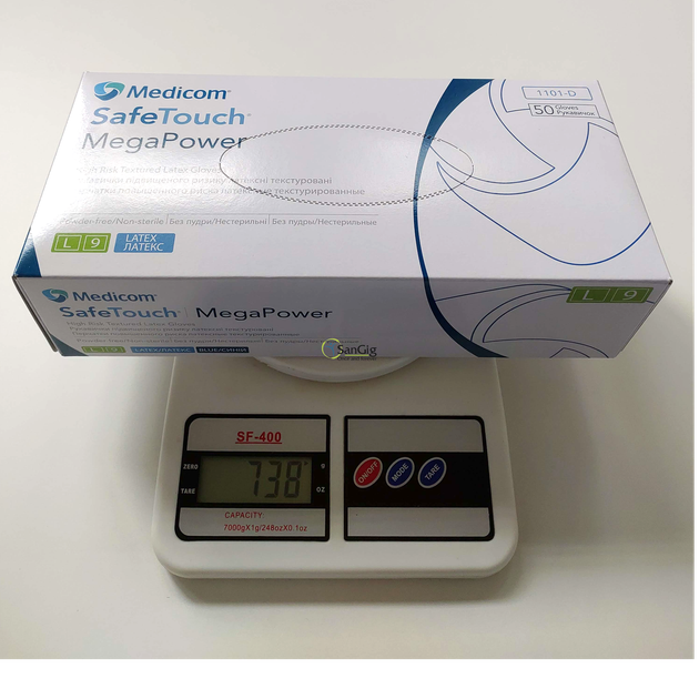 Рукавички латексні підвищеної міцності Medicom Power Mega High Risk, щільність 13 г. - сині (50 шт) L (8-9) - изображение 2