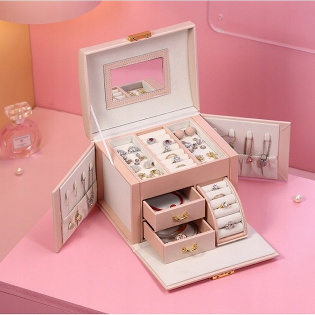 Szkatulka kuferek na biżuterię Ecarla z lusterkiem i szufladka Powder Rose (5903678516192) - obraz 6