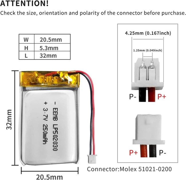 Литий-полимерный аккумулятор EEMB 3.7V 250mAh с разъемом Molex - изображение 2