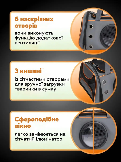 Сумка переноска для животных кошек собак с вентиляцией иллюминатором 41x24x25 см размер S (477340-Prob) Серая с оранжевым - Фото 2 Сумка переноска для животных кошек собак с вентиляцией иллюминатором 41x24x25 см размер S (477340-Prob) Серая с оранжевым - изображение 2