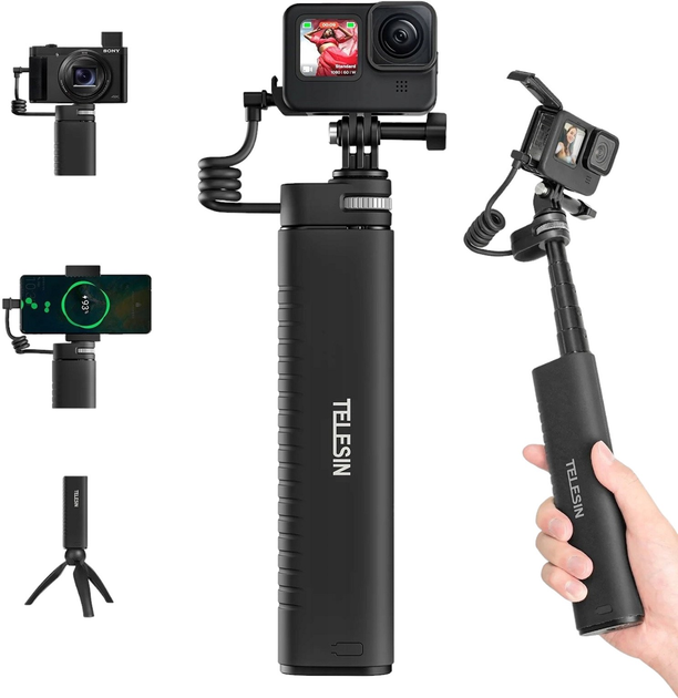 Selfie stick Telesin z powerbankiem USB-C dla kamer sportowych Black (TE-CSS-001) - obraz 1