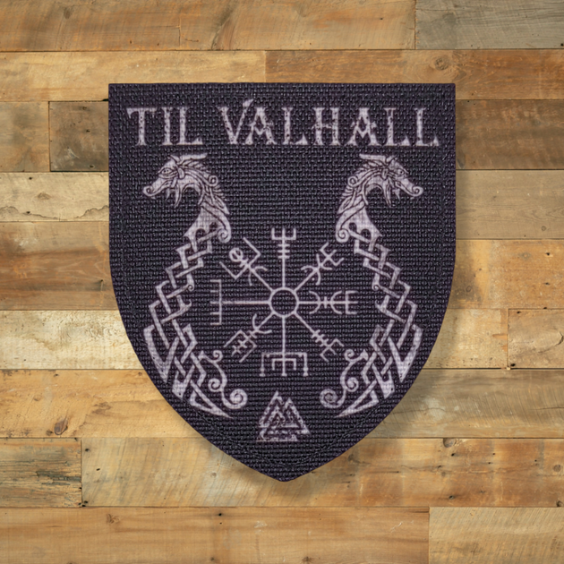 Шеврон Til Valhall, 8х7,на черном,на липучке (велкро), патч печатный - изображение 1