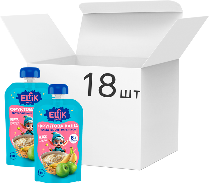 Упаковка фруктовой каши Elfik Magic из яблок, мультизлаковой каши и бананов без сахара для детского питания 110 г х 18 шт (4820266361419) - изображение 1